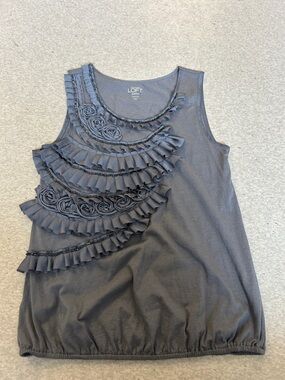 LOFT Slate Gray Ruffle & Rosette Sleeveless Top size xs